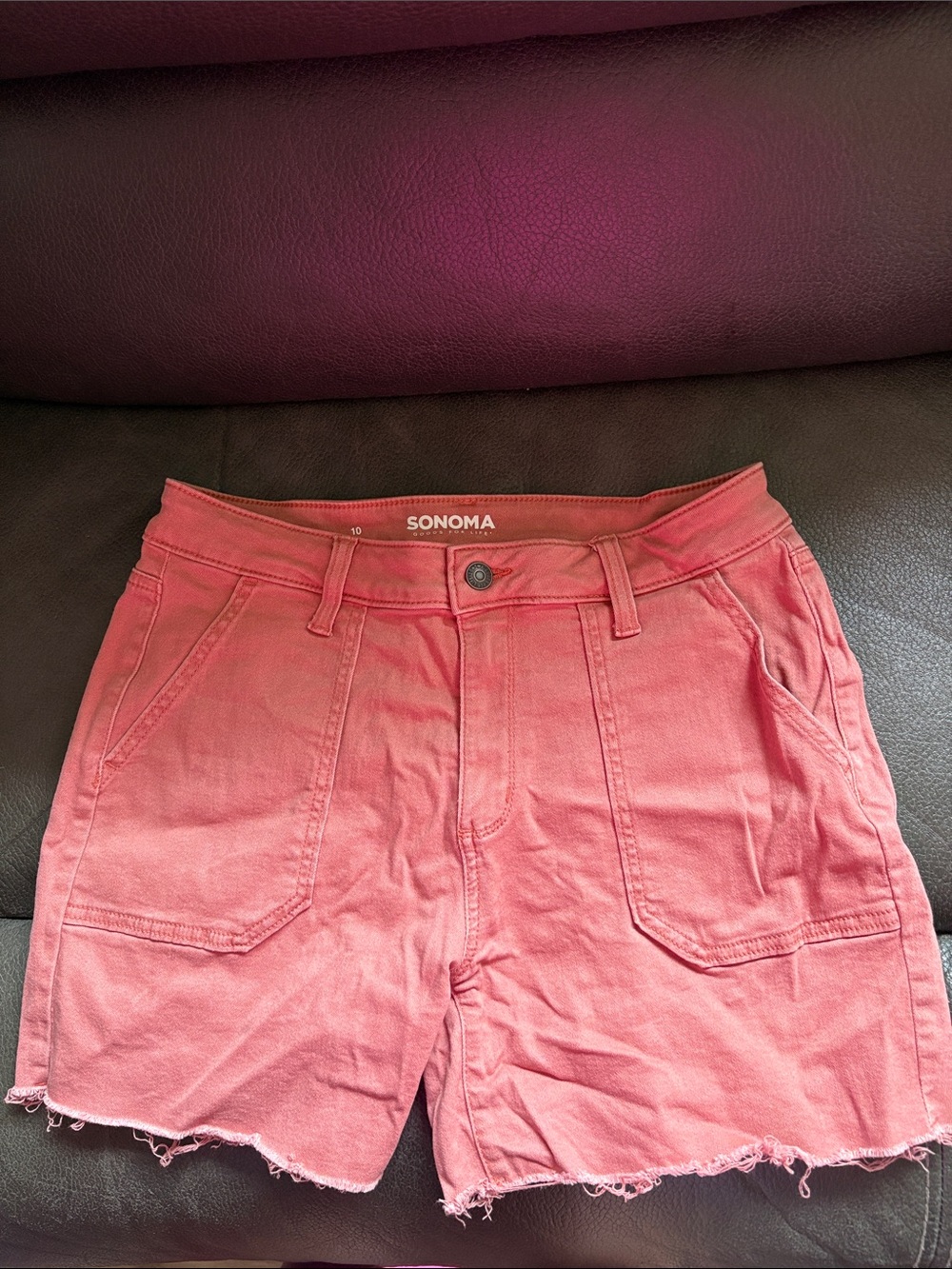 Sonoma women’s coral rose color denim shorts with frayed edges 4.5 in inseam